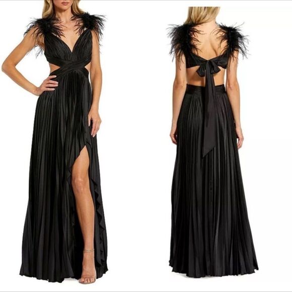 Mac Duggal 11687 Pleated Feather Cap Sleeve Open Back Gown | Size 6 - Picture 1 of 10